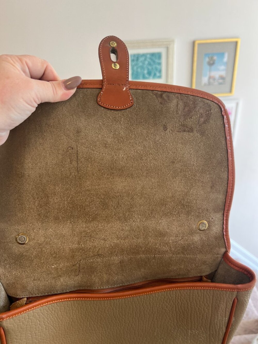 Vintage Dooney & Bourke All-Weather Leather Crossbody – Taupe & British Tan - Picture 10 of 15